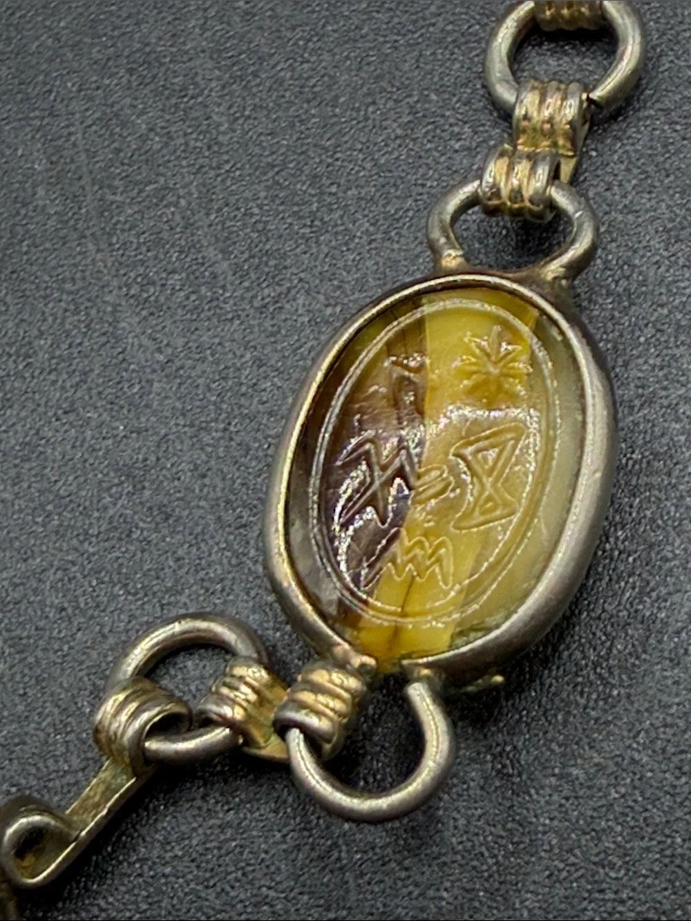 Vintage Egyptian Revival Multicolor Etched Scarab Beetle Motif Cabochon Bracelet